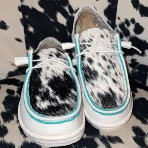 Custom cowhide hey dudes size 8 womens little staining